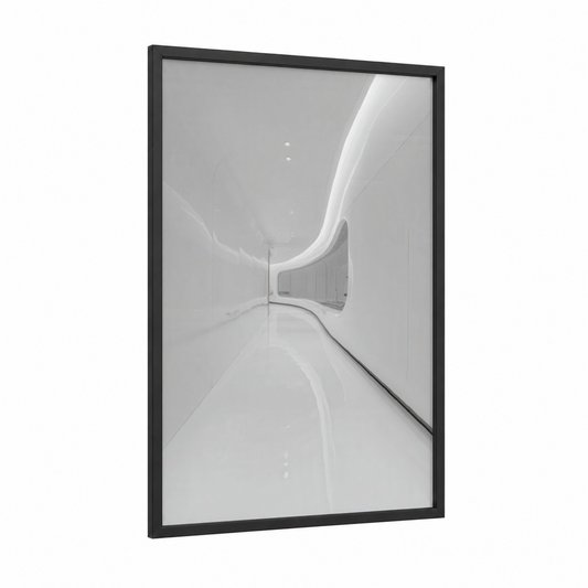Luminous Corridor framed sci-fi print — black wood frame — white and gray palette