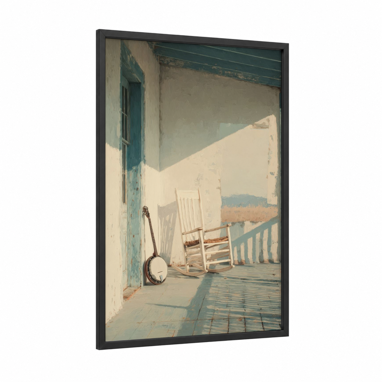 Banjo Porch framed country print — black wood frame — cream and dove gray palette
