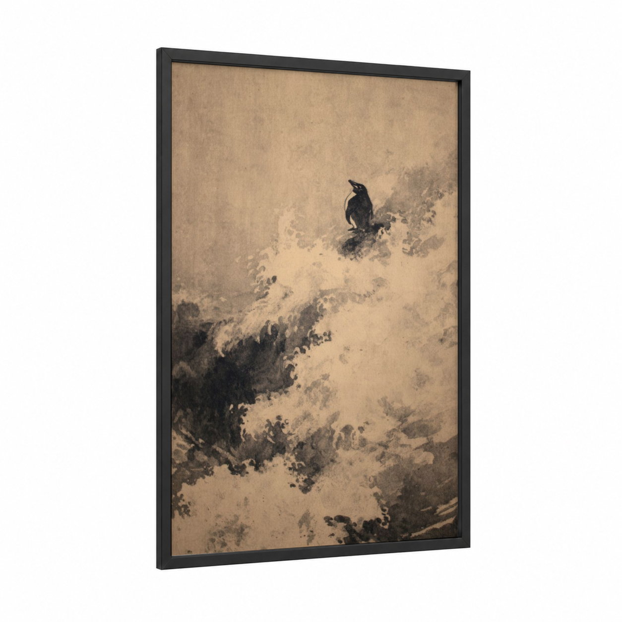 Solitary Penguin framed art print — black wood frame — beige and black palette