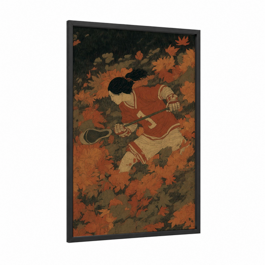 Autumn Lacrosse Player framed art print — black wood frame — russet and gold palette