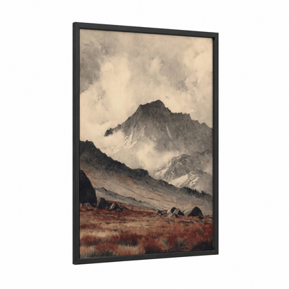 Misty Sierra Peak framed sierra nevada print — black wood frame — gray and russet palette