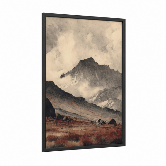 Misty Sierra Peak framed sierra nevada print — black wood frame — gray and russet palette