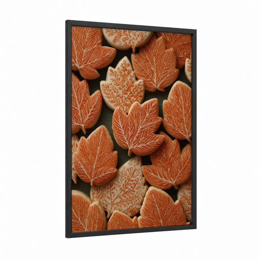 Autumn Leaf Cookies framed kitchen utensils print — black wood frame — orange and cream palette