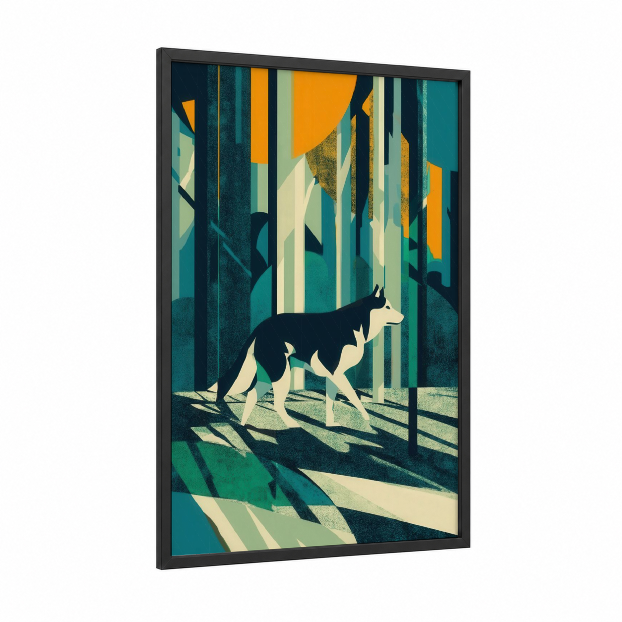 Forest Husky framed art print — black wood frame — teal and yellow gold palette