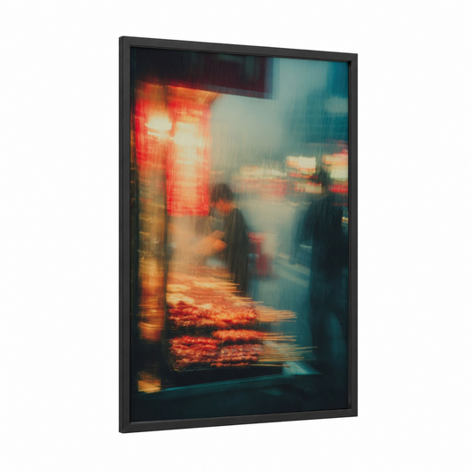 Neon Meat Display framed art print — black wood frame — red and teal palette