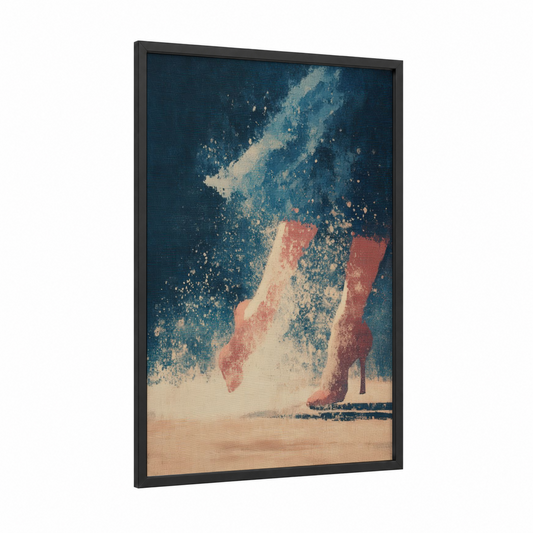 Crimson Flamenco framed art print — black wood frame — salmon pink and dark blue palette