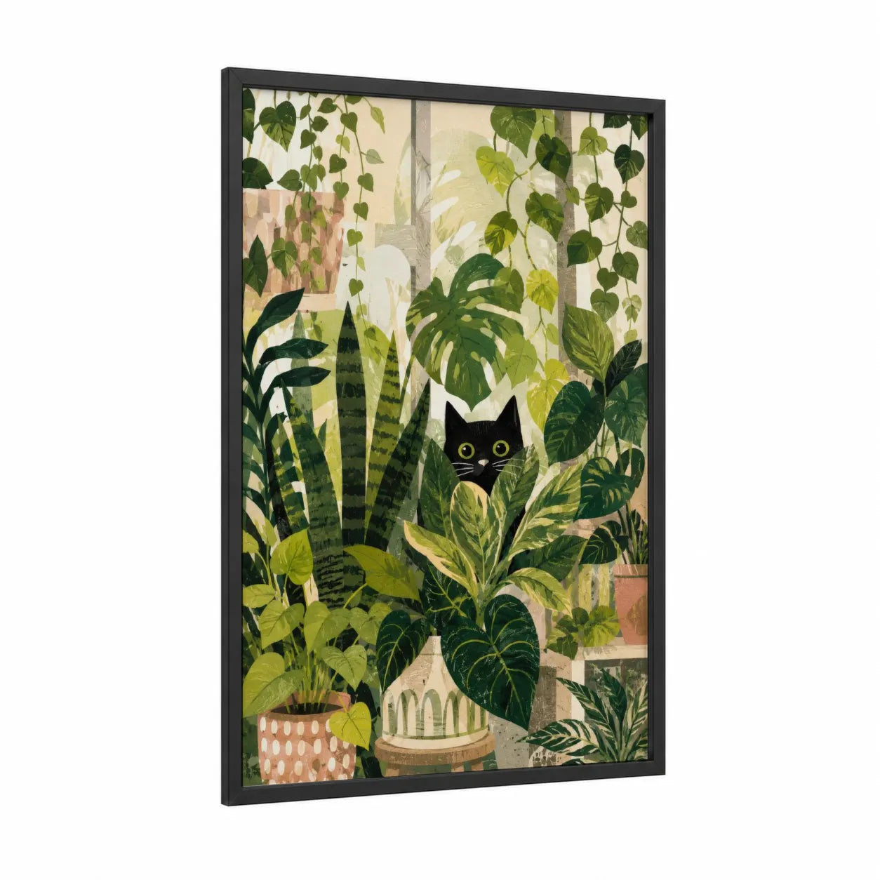 Black Cat in Jungle Garden Wall Art framed art print — black wood frame — true green and cream palette
