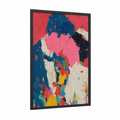 Colorful Love Embrace framed groom and bride print — black wood frame — magenta and blue palette