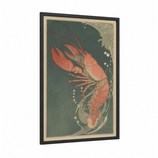 Crimson Lobster framed art print — black wood frame — red and dove gray palette