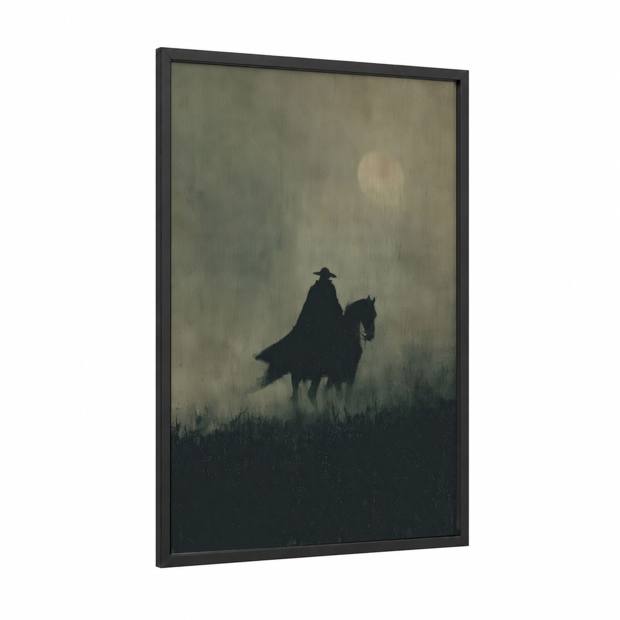 Cloaked Rider framed horseback print — black wood frame — black and white and gray palette