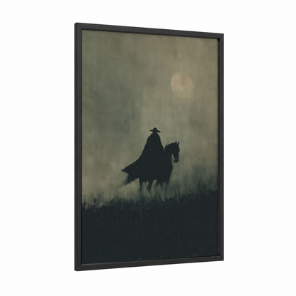 Cloaked Rider framed horseback print — black wood frame — black and white and gray palette