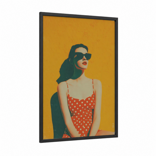 Vintage Glamour framed women's fashion print — black wood frame — yellow gold and red palette