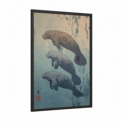 Serene Manatees framed art print — black wood frame — cream and gray and pink palette