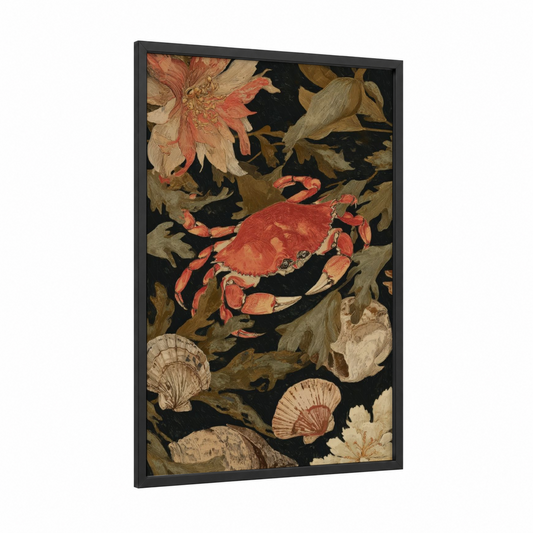 Crimson Crab Garden framed seafood print — black wood frame — gold palette