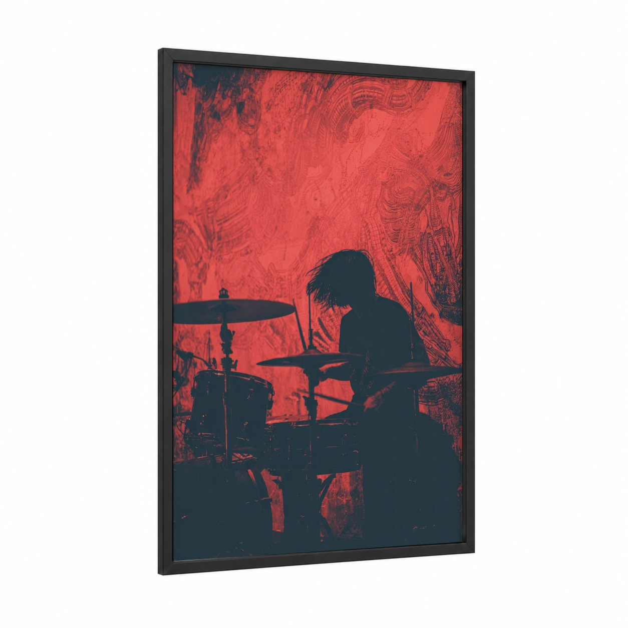 Crimson Drummer framed death metal print — black wood frame — red and black palette