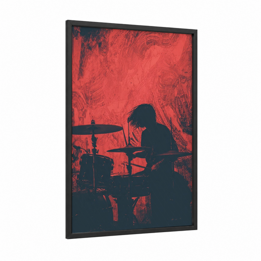 Crimson Drummer framed death metal print — black wood frame — red and black palette
