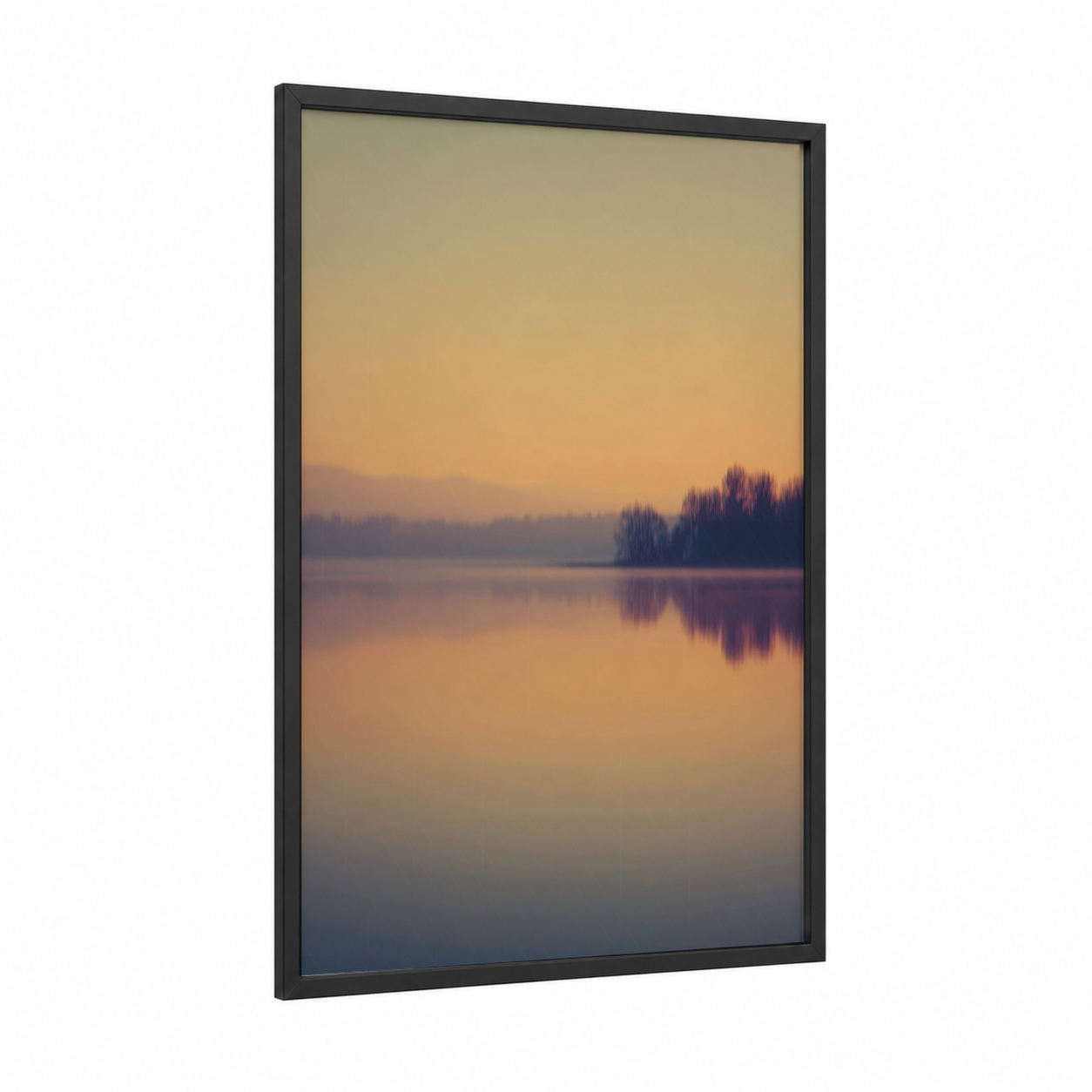 Misty Lake Sunrise framed art print — black wood frame — peach and blue palette