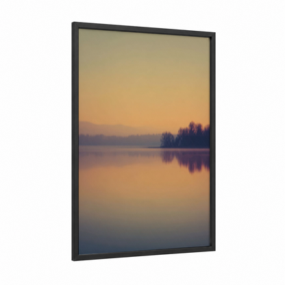 Misty Lake Sunrise framed art print — black wood frame — peach and blue palette