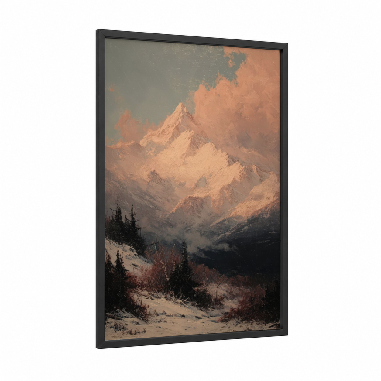 Alpine Sunrise Peak framed snowy mountains print — black wood frame — peach and cream palette