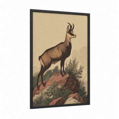 Alpine Ibex framed alps print — black wood frame — beige and russet palette