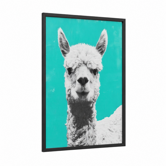 Turquoise Alpaca framed art print — black wood frame — turquoise and white palette