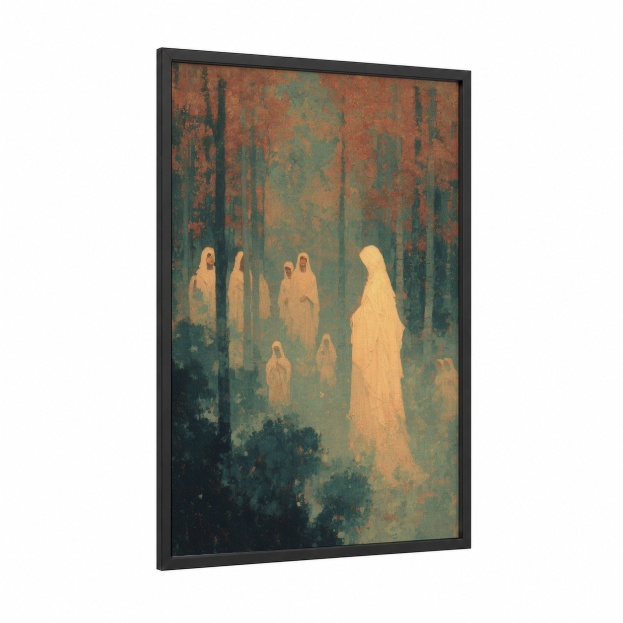 Ethereal Procession framed all saints day print — black wood frame — teal palette