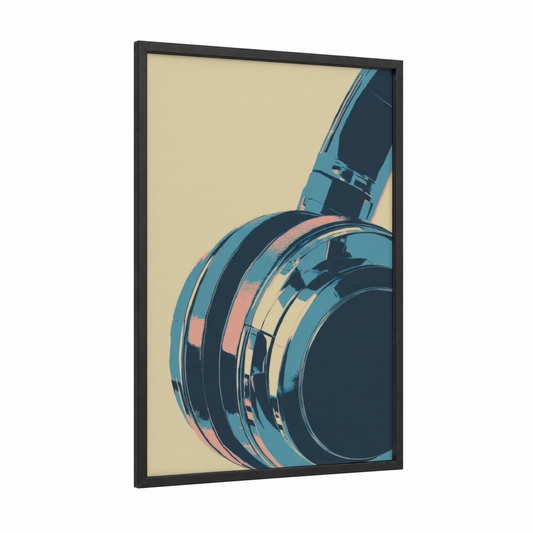 Retro Headphones framed art print — black wood frame — teal and beige palette