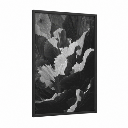 Textured Leaf Study framed art print — black wood frame — black and white palette