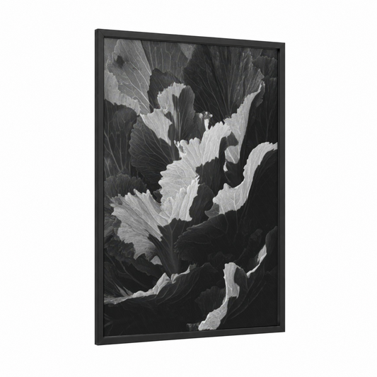 Textured Leaf Study framed art print — black wood frame — black and white palette