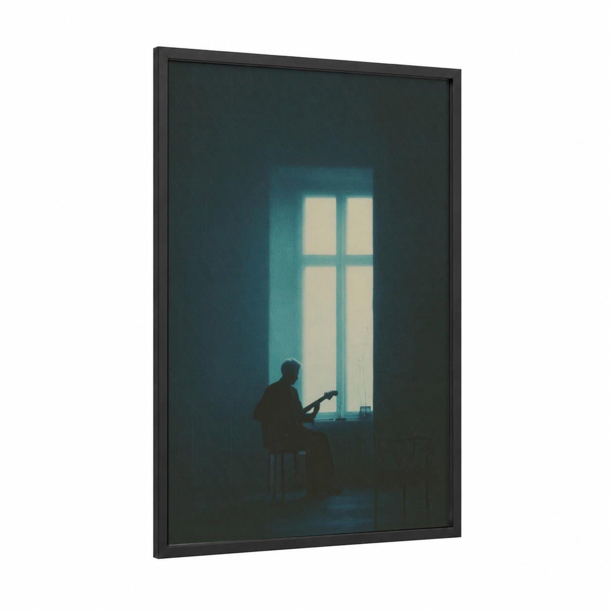 Solitary Blues Guitarist framed art print — black wood frame — teal and black palette