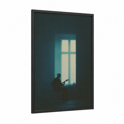 Solitary Blues Guitarist framed art print — black wood frame — teal and black palette