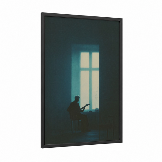 Solitary Blues Guitarist framed art print — black wood frame — teal and black palette