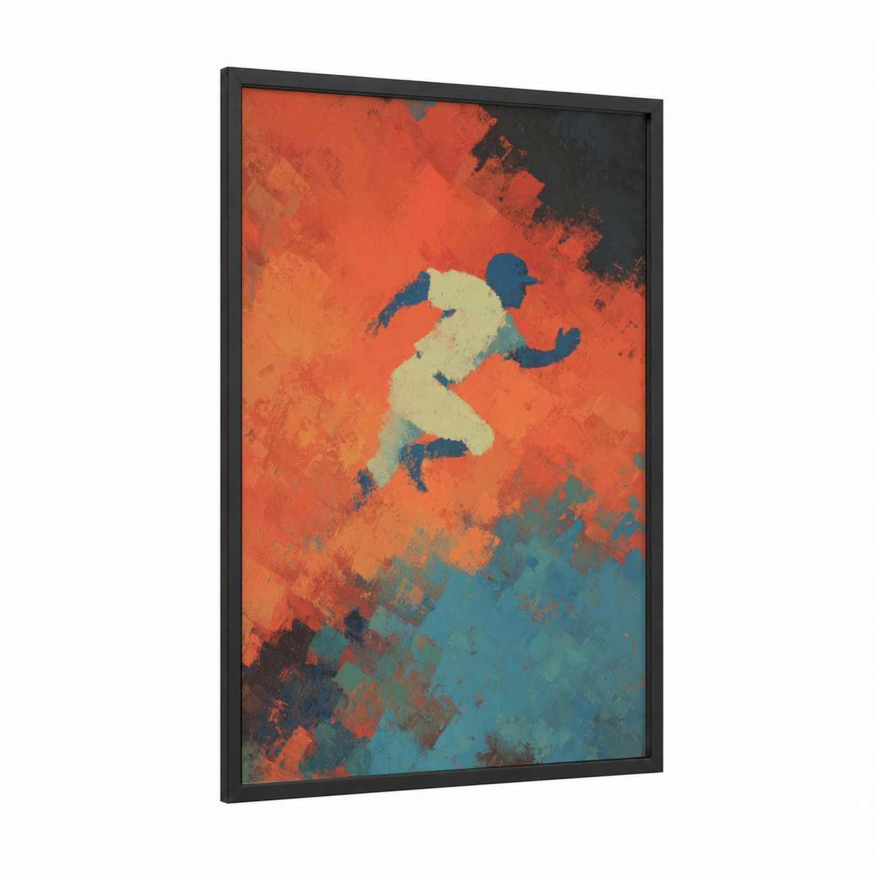 Dynamic Baseball Player framed art print — black wood frame — red and blue palette