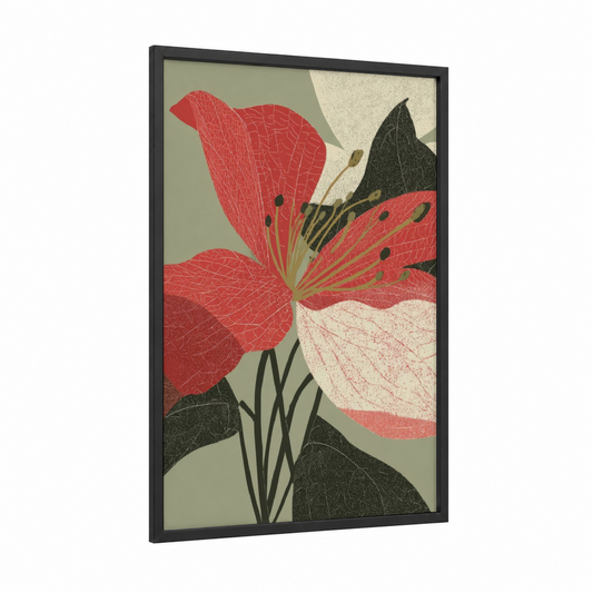Crimson Rhododendron Bloom framed art print — black wood frame — red and sage green palette