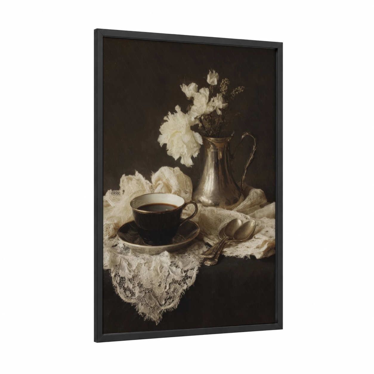 Vintage Coffee Stilllife framed art print — black wood frame — black and white and cream palette