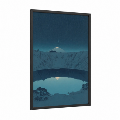 Crater Meteor Night framed astroids and comets print — black wood frame — dark blue and teal palette