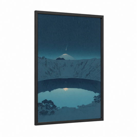 Crater Meteor Night framed astroids and comets print — black wood frame — dark blue and teal palette