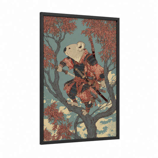 Samurai Koala framed art print — black wood frame — red and sage green palette