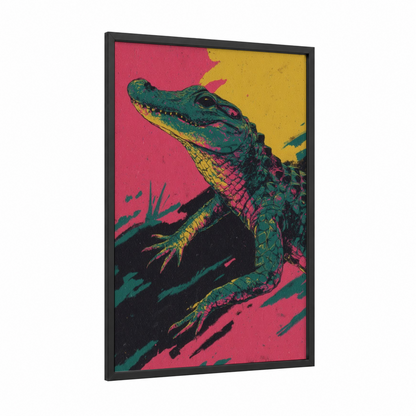 Neon Alligator framed art print — black wood frame — magenta and teal palette