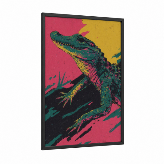 Neon Alligator framed art print — black wood frame — magenta and teal palette