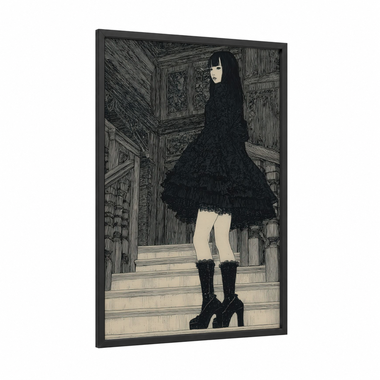 Gothic Library Girl framed fashion illustration print — black wood frame — black and white palette