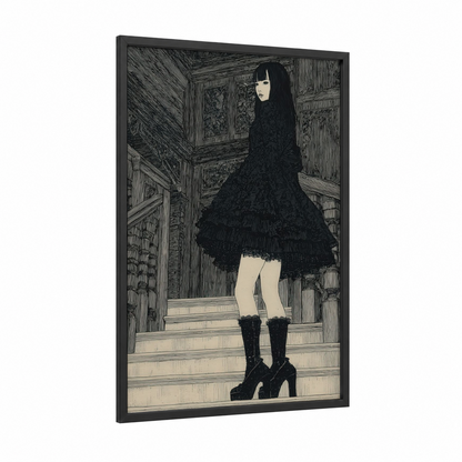 Gothic Library Girl framed fashion illustration print — black wood frame — black and white palette