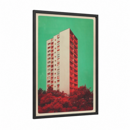 Emerald Modernist framed abstract architecture print — black wood frame — light green and red palette