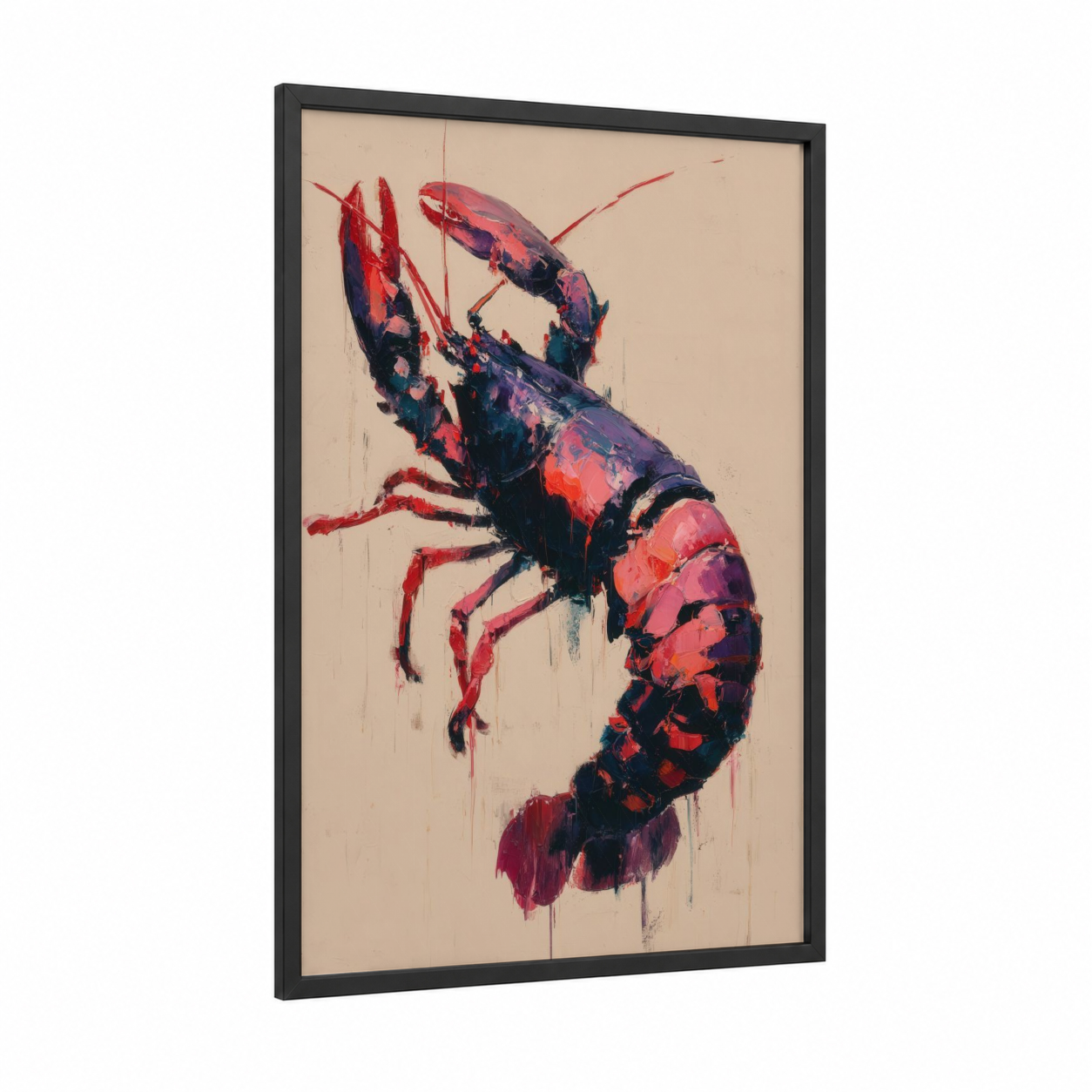 Crimson Lobster framed art print — black wood frame — red and maroon palette