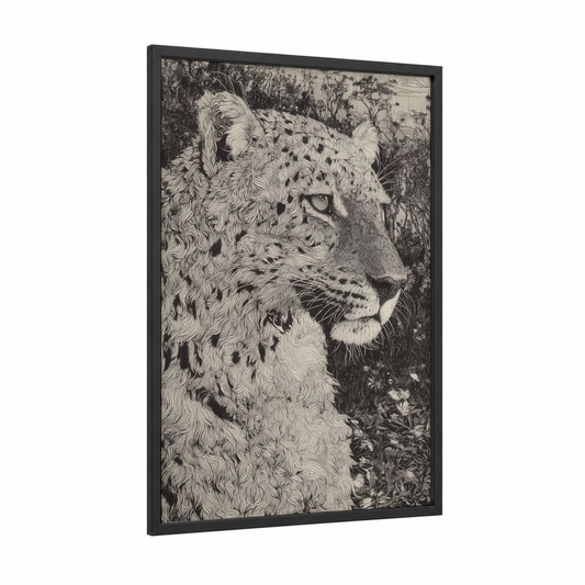 Spotted Leopard framed art print — black wood frame — black and white palette