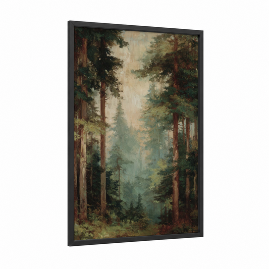 Misty Cedar Grove framed cedar forest print — black wood frame — olive and beige palette