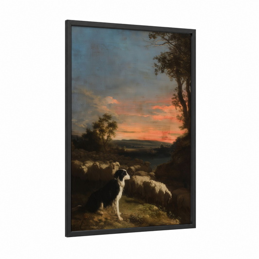 Shepherd's Twilight framed shepherd dogs and collies print — black wood frame — gold and blue palette