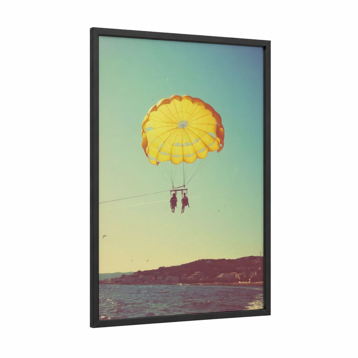 Golden Parasail Duo framed parasailing print — black wood frame — gold and teal palette