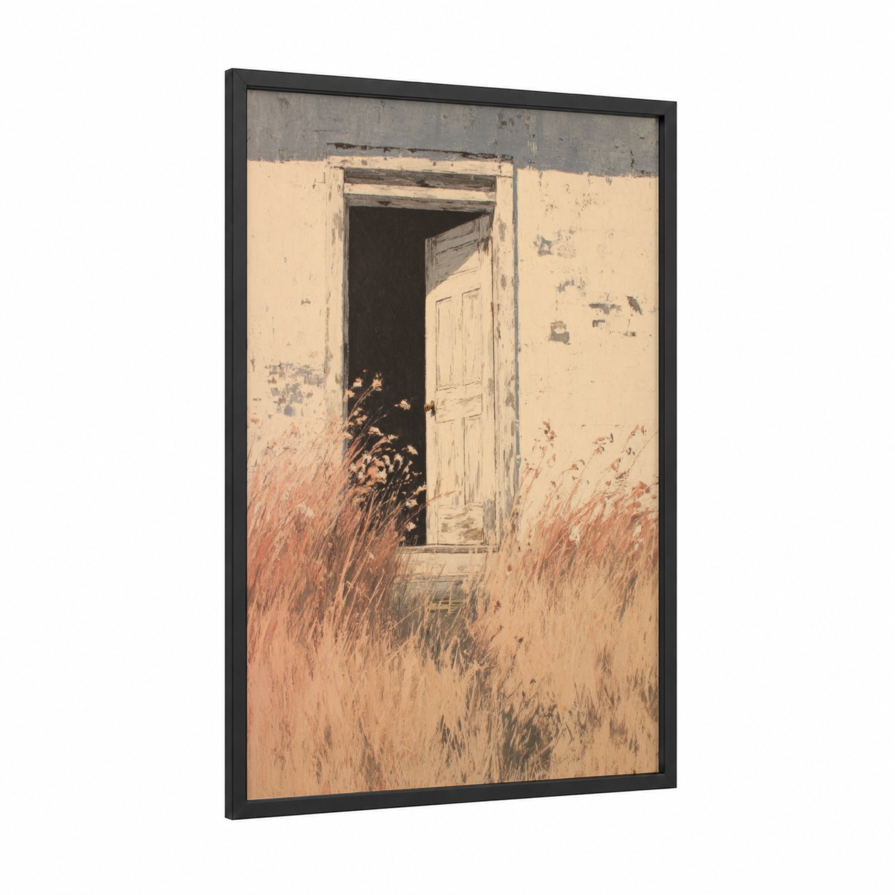 Weathered Passage framed door print — black wood frame — cream and russet palette