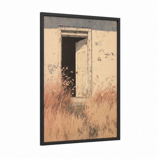 Weathered Passage framed door print — black wood frame — cream and russet palette